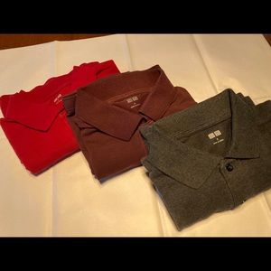 3 Uniqlo men’s polos cherry red, burgundy, charcoal gray